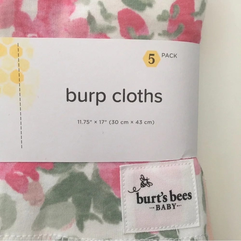 NEW 5 Burp Cloths 100% Organic Cotton Floral Pink White | Burt’s Bees